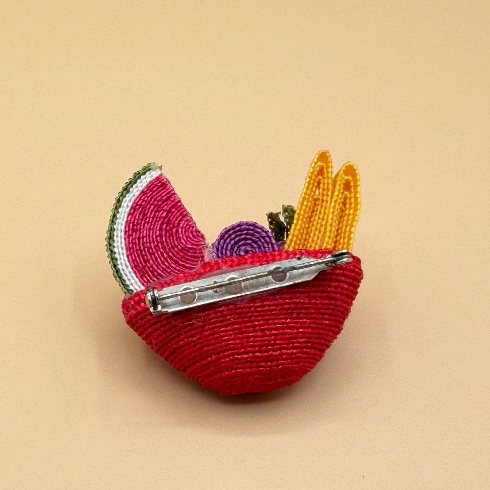 Woven Fruit Basket Brooch Watermelon Vintage Whimsical Boho Statement Pin Gift